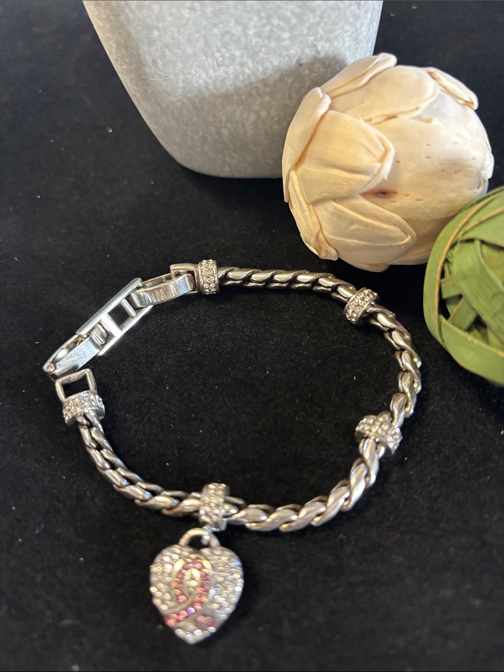Sterling Silver Heart Charm Bracelet with Pink Accent